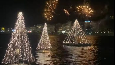 Χριστούγεννα 2023: Άναψαν τα υδάτινα δέντρα στη Χαλκίδα – Μαγικά πλάνα με μουσικές και πυροτεχνήματα