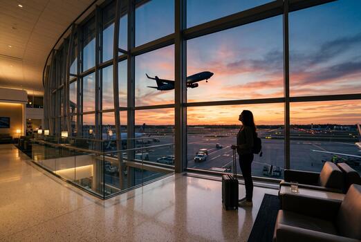 silhouette of female traveler watching airplane takeoff from airport window at sunset photo