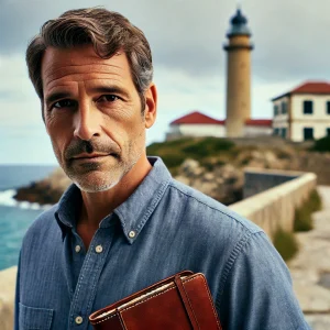 DALL·E 2025 03 06 14.52.44 A middle aged man with short slightly graying hair wearing a blue button up shirt standing near a coastal area with a lighthouse in the background 1